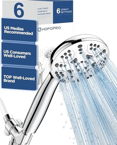 Hopopro 6 Functions Handheld Shower Head Set, 2020 Newest High Pressure Shower Head High Flow Hand Held Showerhead Set with 59 Inch Hose Bracket Teflon Tape Rubber Washers.