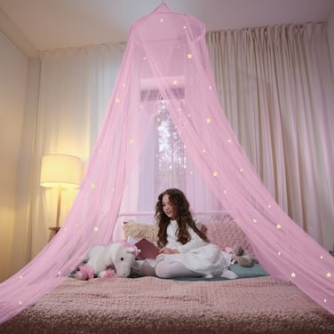 Bollepo Bed Canopy for Girls with Glowing Stars - Princess Pink Baby Canopy For Bed, Netting Room Decor, Ceiling Tent, Canopy for CribSingle, Twin, Full, Queen Size Kids Bed Curtains, Fire Retardant F