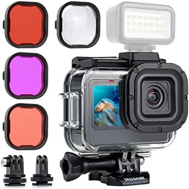 جراب YALLSAME المقاوم للماء لكاميرات GoPro Hero 13 12 11 10 9 باللون الأسود، جراب حماية للغوص تحت الماء بطول 196 قدمًا مع 4 فلاتر غوص ماكرو للغطس والغطس السطحي لكاميرات GoPro 9 10 11 12 13.