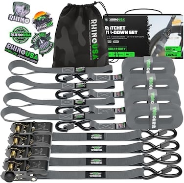 Rhino USA Ratchet Straps Tie Downs (4-Pack- 1 Inch x 15 Feet (1,823lb Break Strength- Ultimate Tie Down Straps with Safety S Hooks - Premium Straps for Trucks, Cargo, Moving, Appliances - Grey.