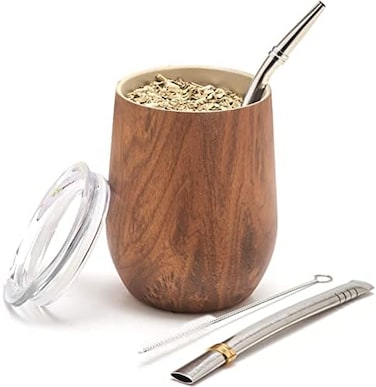 BALIBETOV Modern Mate Cup And Bombilla Set (Yerba Mate Cup- Yerba Mate Set includes Double Walled 18/8 Stainless Steel Mate Tea Cup, Two Bombilla Mate (Straw(Stainless Steel, Wood 8oz.