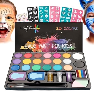 Maydear Face Paint Kit for Kids with 20 Colors Safe and Non-Toxic Pearl Paints, 41 Stencils, 3 Brushes Professional Face Painting Kit.