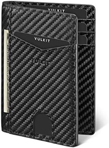 VULKIT Men's Slim Leather RFID Blocking Credit Card Holder Wallets Minimalist 10 Slots for Bank Cards or Banknotes.