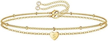 Turandoss Dainty Heart Initial Bracelets for Women, 14K Gold Filled Handmade Personalized Letter Layered Heart Initial Bracelets for Women Girls Jewelry Gifts.