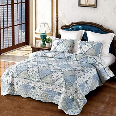 VIVILINEN Blue Patchwork Quilt Set Full Queen Size Reversible Quilted Bedspread Coverlet Set 3-Piece Floral Lightweight Comforter Stitched Bedding Set Bed Sheet Set Cover Blanket with 2 Pillow Shams.