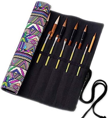 LaVenty Boho Roll Up Paint Brush Holder Painting Organization And Storage Artist Canvas Roll Pouch Bag Makeup Brushes Case Organizer Without Brushes.