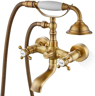 Airuida Antique Brass Wall Mount Bathtub Faucet With Handheld Shower Sprayer Double Cross Handles Hot and Cold Water Mixer Tap Shower Vintage Style.
