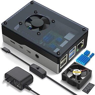 Miuzei Case for Raspberry Pi 4, 4b, 4 8gb, 4gb, 2gb with Fan 35mm, 5V 3A Power Supply, 4 Aluminum Heatsinks, Silvery Black.