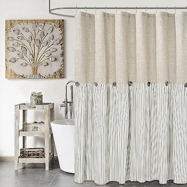 DOSLY ID&Eacute;ES Farmhouse Shower Curtain,Beige and Gray Stripe,Button Curtain,Linen and Cotton Woven Fabric,Rustic Charm Country Chic Style,72x72 in.
