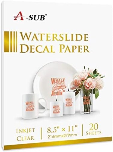 A-SUB Waterslide Decal Paper for Inkjet Printers 20 Sheets Clear Water Slide Transfer Paper 8. 5x11 in for DIY Tumbler, Mug, Glass Decals.