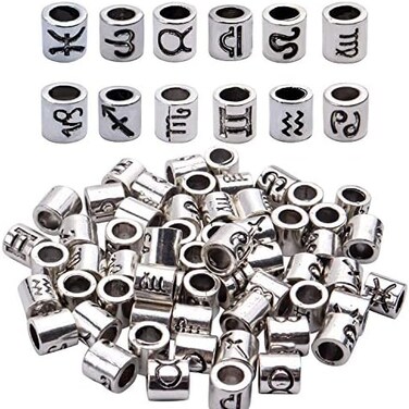 BronaGrand 60pcs Antique Silver Zodiac Spacer Beads Alloy 12 Constellations Tube Beads with Large Hole for Necklace Bracelet,4mm Hole, Silver.