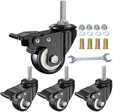YEEMIGO 1. 5 Inch Swivel Caster Wheels Set of 4, Locking Casters Heavy Duty Total Capacity 330lbs, Metric M8&times;25mm Threaded Stem PU Casters with Brake, Castors for Hardwood Floor Carpet Workbench Bed F