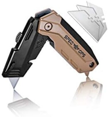Spec Ops Tools Folding Utility Knife with Retractable Blade, Includes 3 Extra Blades in Handle Storage.