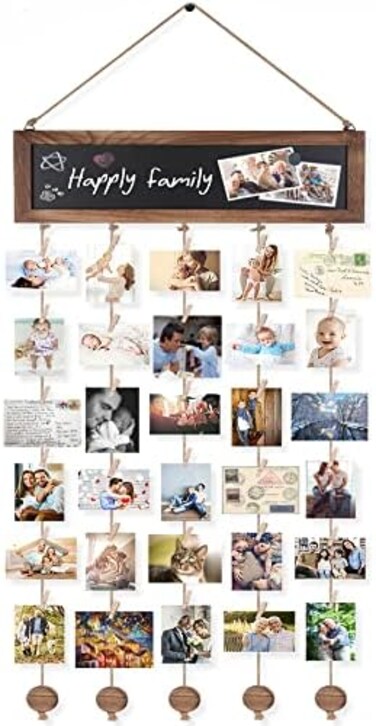 Bikoney Picture Frames Collage Photo Hanging Display Picture Board Wood Rustic Frames for Wall Decor with Blackboard and 30 Clips Carbonized Black.
