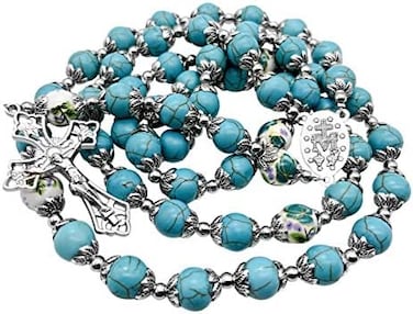Nazareth Store Catholic Turquoise Marble Beads Rosary Flowers Beaded Necklace Miraculous Medal Cross Crucifix Silver Tone Rosaries in Velvet Bag, Stone.