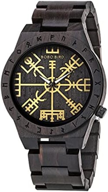 BOBO BIRD Handmade Wooden Mens Watch Unique Runic Circle Watches Golden Symbol of Vegvisir Watches Lightweight Fashion Quartz Wristwatch, brown black, Quartz Movement.