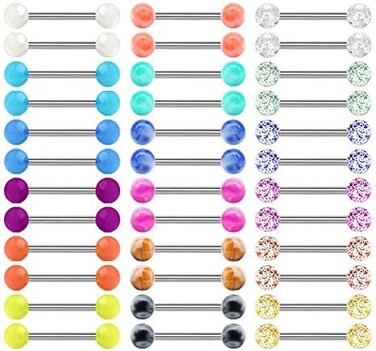 Mayhoop 14G 36Pcs Stainless Steel Nipple Rings Tongue Rings Straight Barbell Bars Piercing 14mm 16mm 18mm in Length For Women Men.