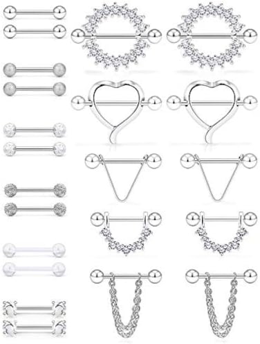 SCERRING 14G Nipple Rings Stainless Steel Nipplerings CZ Heart Tongue Shield Barbell Rings Retainer Body Piercing Jewelry for Women 9/16Inch 11 Pairs.
