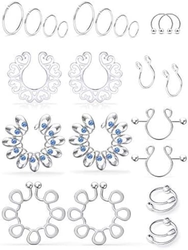 SCERRING Fake Ring Stainless Steel Non-Piercing Rings Clip On Nipplerings Faux Body Piercing Jewelry for Women Men 11 Pairs.