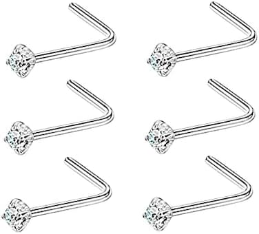 FANSING Nose Studs for Women Men L Shaped Nose Rings Surgical Steel Nostril Piercing Jewelry with Cubic Zirconia End.
