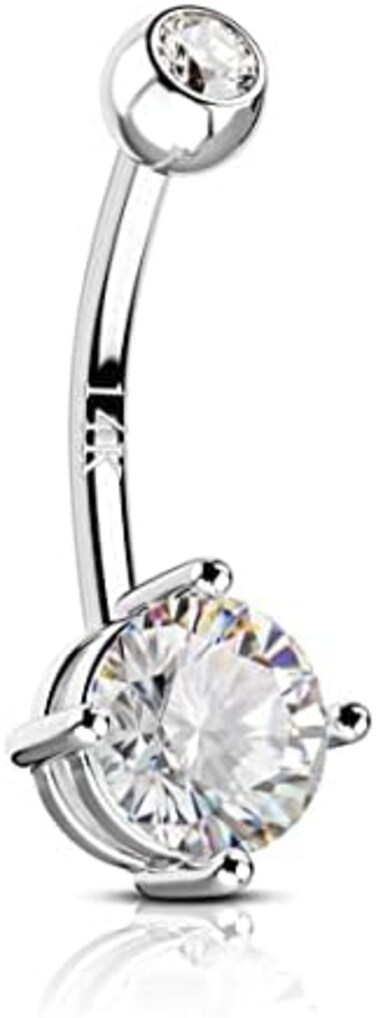COCHARM 14K Gold Belly Button Rings for Women Nickel Free 14K Solid Gold Belly Rings Round CZ Real Gold Belly Navel Piercing Jewelry, White Gold, cubic-zirconia.