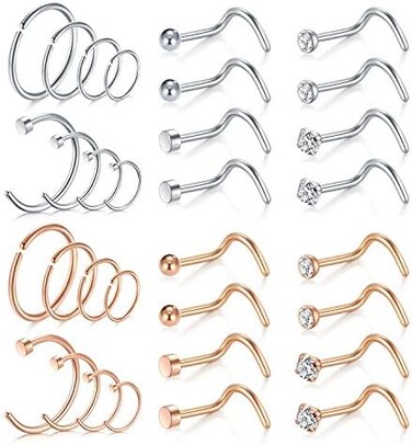 Mayhoop 20g Stainless Steel Nose Rings Hoop L Shape Nose Studs Nose Screw Bone Silver Rose Gold Black Rainbow Pack for Women Men 28Pcs.