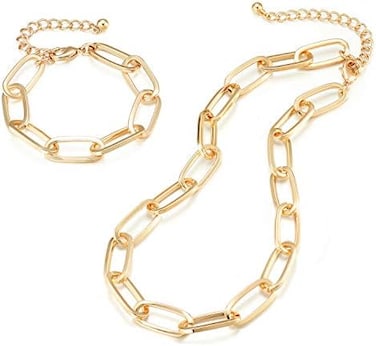 LANE WOODS Gold Chain Necklace and Bracelet for Women Ladies Dainty and Chunky Chain Link Paperclip Jewelry Set.