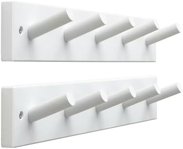SKOLOO Wooden Wall Mounted Coat Rack:16-inches Hole to Hole, Case of 2 Packs, Bamboo Coat Hook Hanger - 5 Hooks for Hanging Clothes Robes Towels Coats,White.