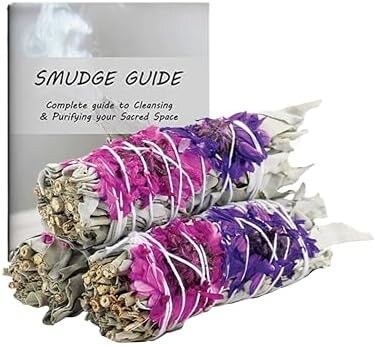 Ancientveda Blissful Organic White Sage Smudge Sticks with Flowers 3 Pack for Cleansing Home, Meditation, Yoga, Healing and SmudgingSustainably Sourced California White Sage Bundles.