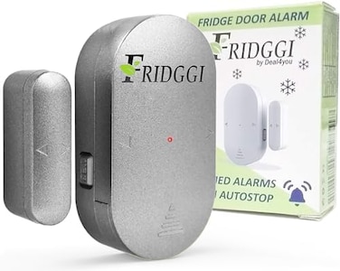 FRIDGGI Refrigerator Door Ajar Alarm, 60 Second Delay Low Alert, 3 Minute Loud Chime or Siren, Freezer Door Open Alarm, 4 Minute Reminders (Grey.
