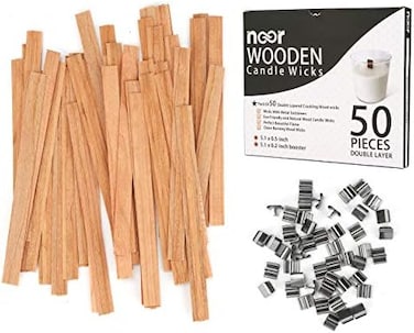 NOOR Wood Wicks for Candles Making - 50 Pieces Smokeless Wooden Wicks with Booster. Crackling Wood Wick with Metal Clips for Candle Making and DIY Candle Craft.