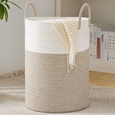 YOUDENOVA Cotton Rope Basket Large Blanket Basket Woven Storage Basket Toy Storage Organiser Nursery Decor Laundry Hamper with Handle 58L (38cm(Dx50cm(H, WhiteBrown.
