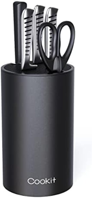 Cookit Knife Block Holder, Universal Knife Block without Knives, Unique Double-Layer Wavy Design, Round Black Knife Holder for Kitchen, Space Saver Knife Storage with Scissors Slot.