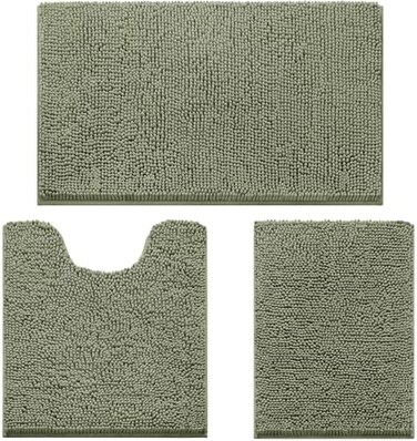 HOMEIDEAS 3 Pieces Bathroom Rugs, Ultra Soft Non Slip Absorbent Chenille Toilet Bath Mat Set (Sage Green.