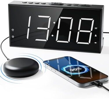 Roxicosly Loud Alarm Clock with Bed Shaker for Heavy Sleeper, Dual Vibrating Alarm Clock with USB Charger for Hearing-impaired Deaf, 7. 5&rsquo;&rsquo; Large LED Display with Dimmer, Snooze, 12/24HBattery Backup.