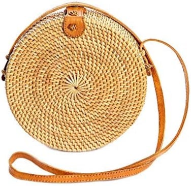 Novum Crafts Round Rattan Bag for Women - Handmade Straw Bags - Wicker Purse - Brown White Circle Crossbody Boho Bags.