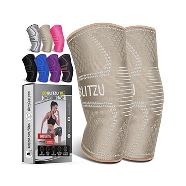 BLITZU Knee Brace for WomenMen, 2 Pack Compression Knee Brace, Knee Support Sleeve for Pain Relief, Running, Workout, Sports, Knee Braces for ACL, Meniscus Tear, Arthritis and Injury Recovery Beige L.