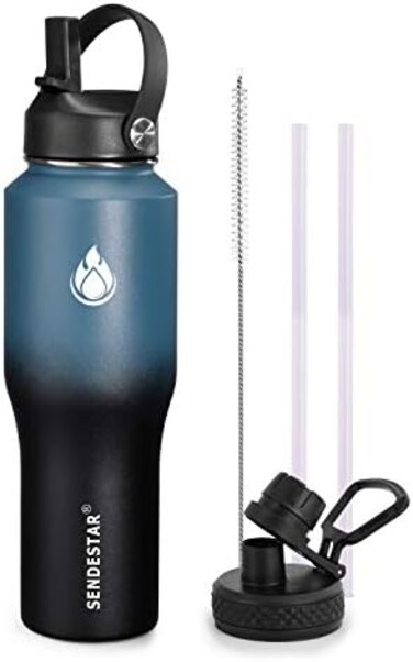 SENDESTAR Water Bottle 32oz,2 Lids(Straw lid,Wide Mouth Stainless Steel Vacuum Insulated Double Wall Keep Liquids Cold or Hot All Day,Sweat Proof Sport Design,Fit Car Cup Holder(Dark blueBalck.