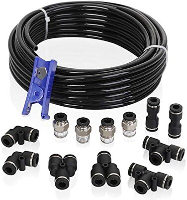 Hromee Air Line Tubing Kit, 1/4 Inch (6. 35MMOD x 32. 8 Feet Polyurethane PU Tube and Push to Connect Fittings, 14 PCS Compressed Pipe and Accessories Kit.