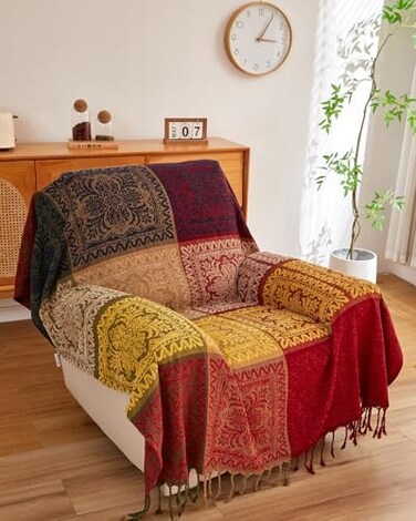AIVIA Boho Throw Blanket, Colorful Chenille Jacquard Bohemian Chair Recliner Furniture Cover Aztec Hippie Throws Loveseat Sofa Blankets (60" x 75", Red Green Navy Yellow.