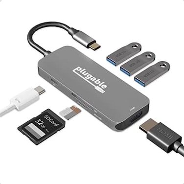 Plugable USB C Hub Multiport Adapter, 7-in-1 Hub Compatible with MacBook Pro, Windows, Chromebook, Dell XPS, Thunderbolt 3 and More (4K HDMI, 3 USB 3. 0, SDmicroSD Card Reader, 87W Charging.