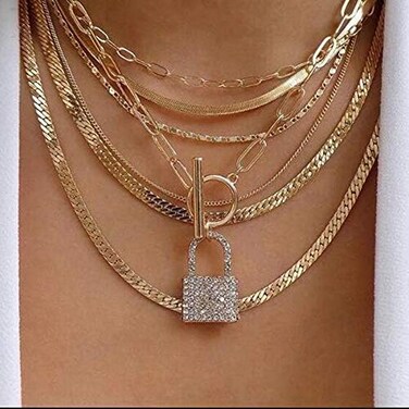 Chargances Gold Snake Bone Chain Necklace for Women Iced Out Lock Toggle Chain Choker Necklace Ladies Boho Jewelry Punk Cuban Link Chain.