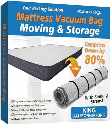 Storage Logic (King/Cal-KingFoam Mattress Vacuum Bag for Moving/ -Compress Mattress by 80%, Vacuum Seal Mattress Bag, LeakproofSealable Vacuum Bag for Mattress, Mattress Bag Includes Straps.