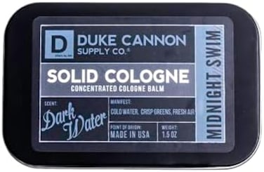 Duke Cannon Supply Co. Solid Cologne for Men Midnight Swim - Cold Water, Crisp Greens, Fresh Air - Concentrated Balm, Travel-Friendly Tin, Made with NaturalOrganic Ingredients, 1. 5 oz (1 unit.