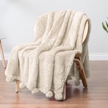 PAVILIA Cream Sherpa Throw Blanket for Couch, Pom PomFluffy Plush Soft Blanket for Sofa BedShaggy Warm Fuzzy Fleece BlanketCozy Decorative Beige Ivory Pompom Throw, 50x60.