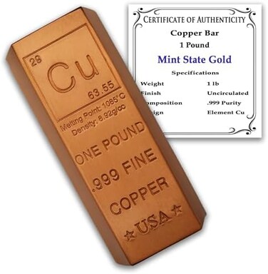 Mint State Gold 1 Pound Copper Bar Ingot Paperweight - 999 Pure Chemistry Element Design with Certificate of Authenticity by.