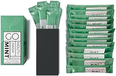 Go Essentials GO Mouthwash Packets &ndash; Single Size Mouthwash for Fresh Breath on The go. Airline Friendly &ndash; Liquid Mint Flavored Portable Travel Mouthwash. Great for AirBnB, spas, Hotels Too. (20 Single