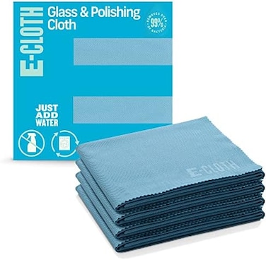 E-Cloth 4-Pack GlassPolishing Cloth, Sustainable Microfiber Cleaning Cloth Set, Perfect Cleaner for Glass, Windows and Mirrors, Washable and Reusable, 100 Wash Promise, Alaskan Blue.