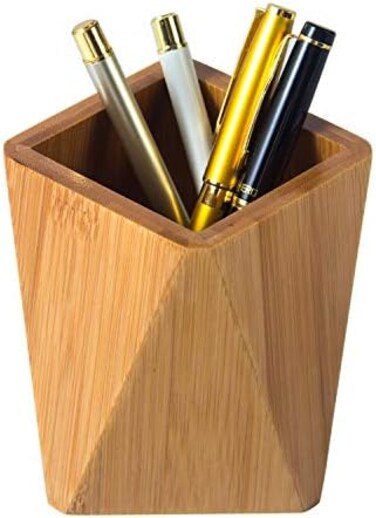 YOSCO Bamboo Wood Pen Holder Stand for Desk Geometric Pencil Cup Pot Cute Desktop Office Supplies for Kids, Makeup Brushes Organizer (Bamboo.