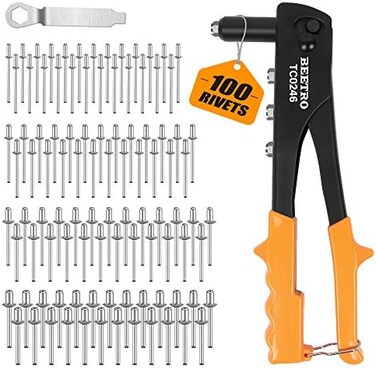 BEETRO Heavy Duty Hand Riveter, Rivet Gun, 3/32"-1/8"-5/32"-3/16", 4 Nosepieces Set Includes 100pcs Rivets, Durable and Suitable for Metal, Plastic and Leather.